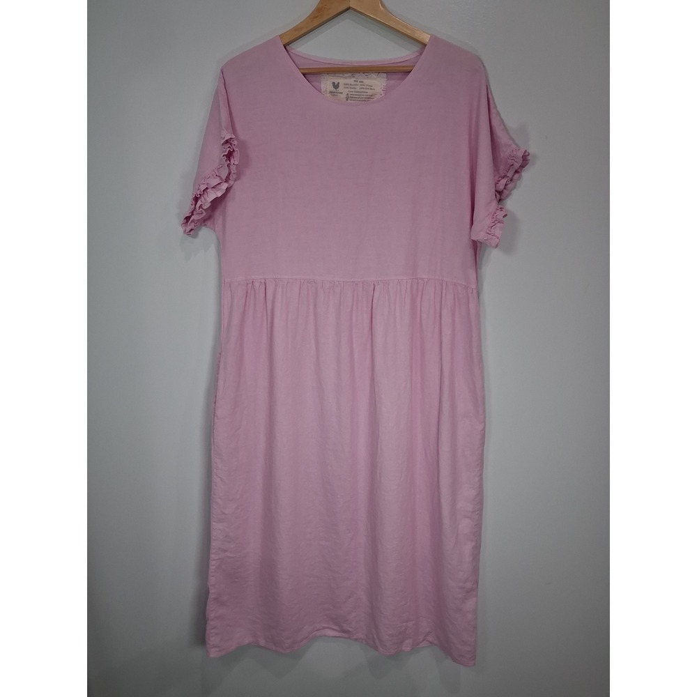 Farmhouse Frocks Pink Linen Ruffle Sleeve Midi Dress Womens Large Relaxed Fit